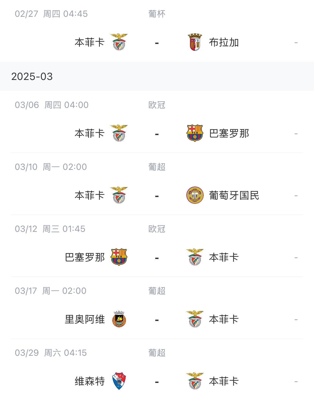  讓路歐冠！本菲卡戰(zhàn)巴薩首回合比賽前的葡超比賽推遲進(jìn)行