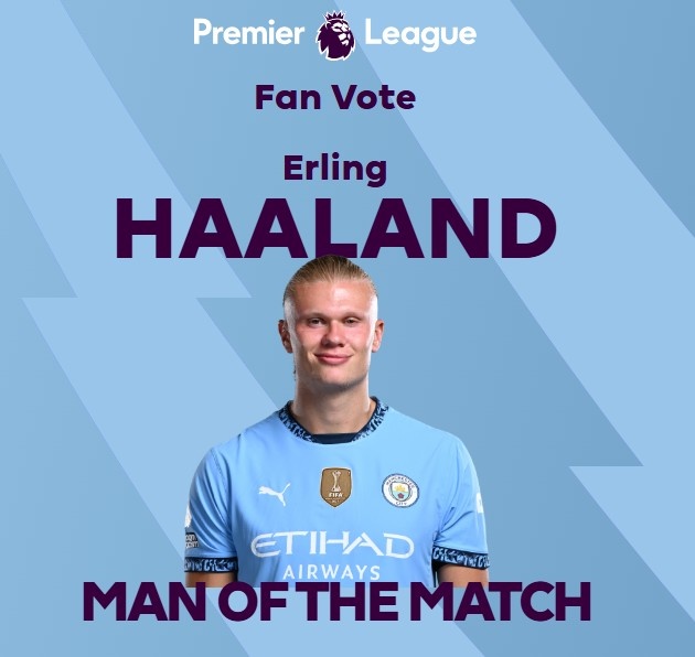  打進(jìn)致勝球！英超官方：哈蘭德當(dāng)選曼城1-0熱刺全場最佳球員