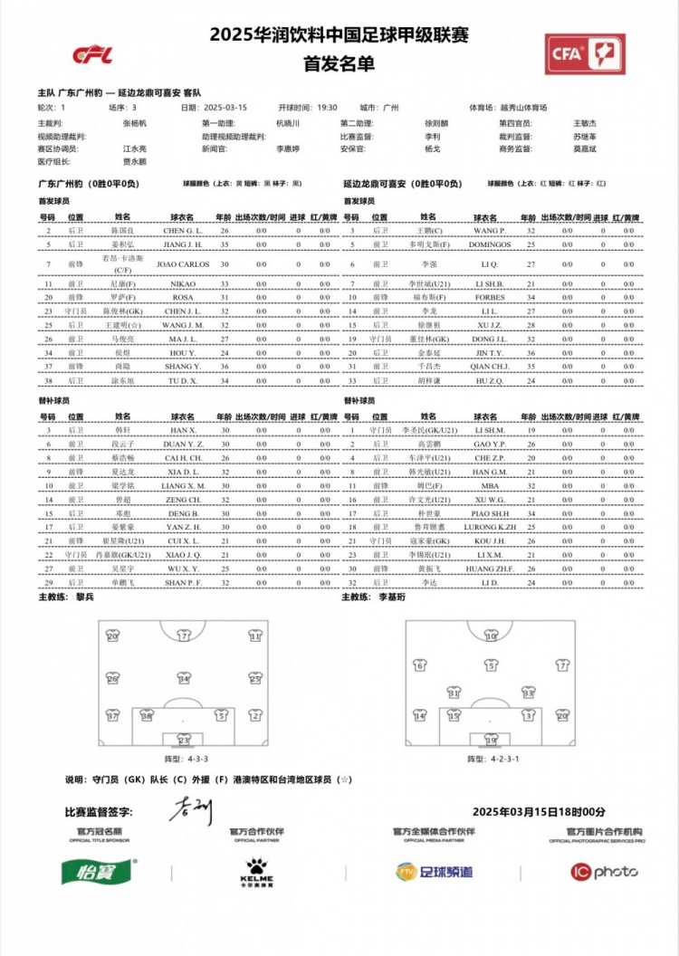  廣州豹vs延邊龍鼎首發(fā)：卡洛斯、羅薩、尼康三外援領(lǐng)銜廣州豹
