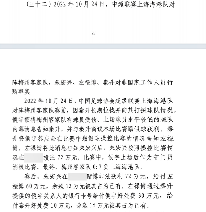 網(wǎng)傳判決書(shū)：梅州0-7海港，梅州守門(mén)員侯宇收30萬(wàn)好處費(fèi)消極比賽